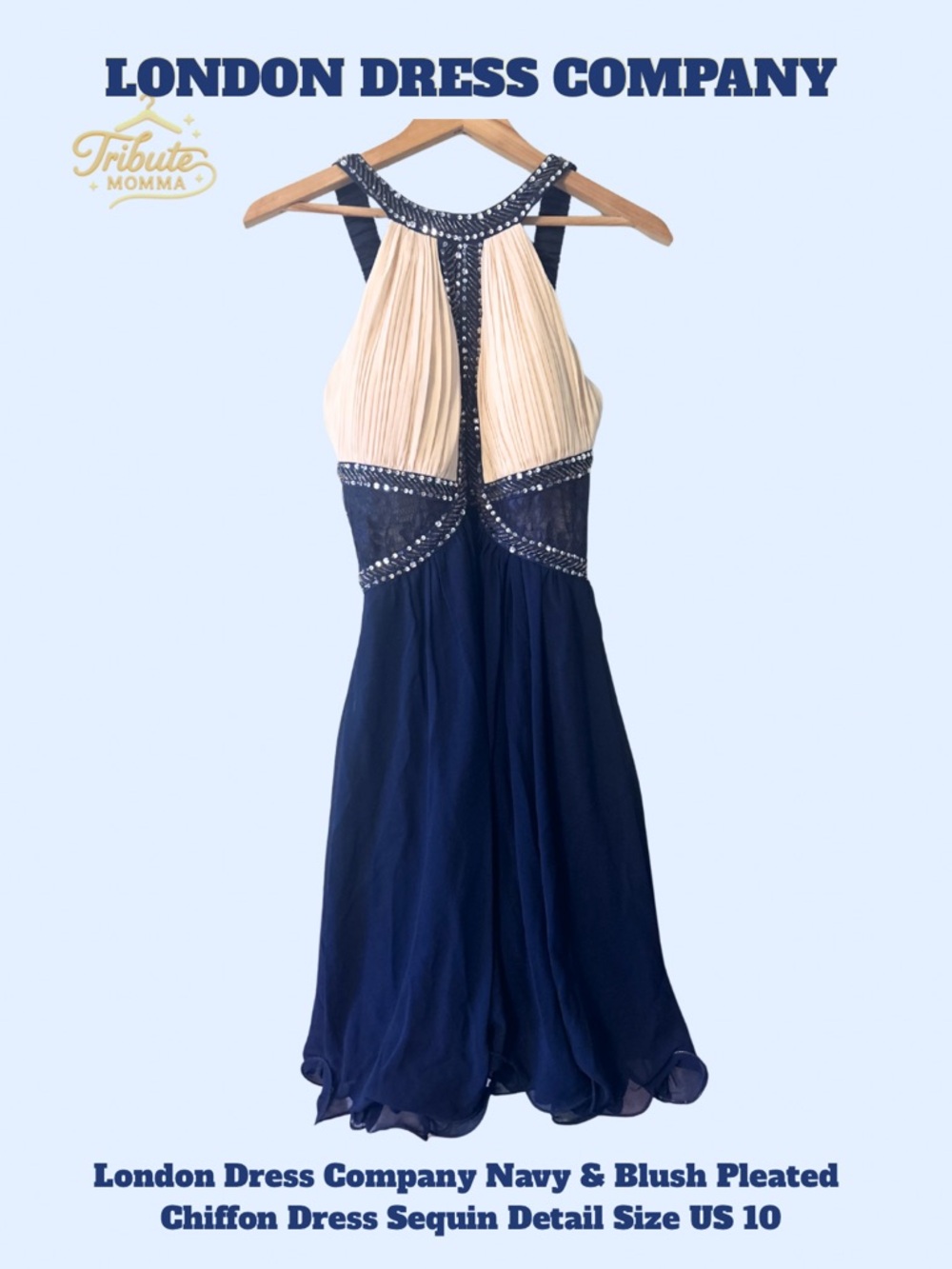London Dress Company Navy & Blush Pleated Chiffon Dress Sequin Detail Size US 10